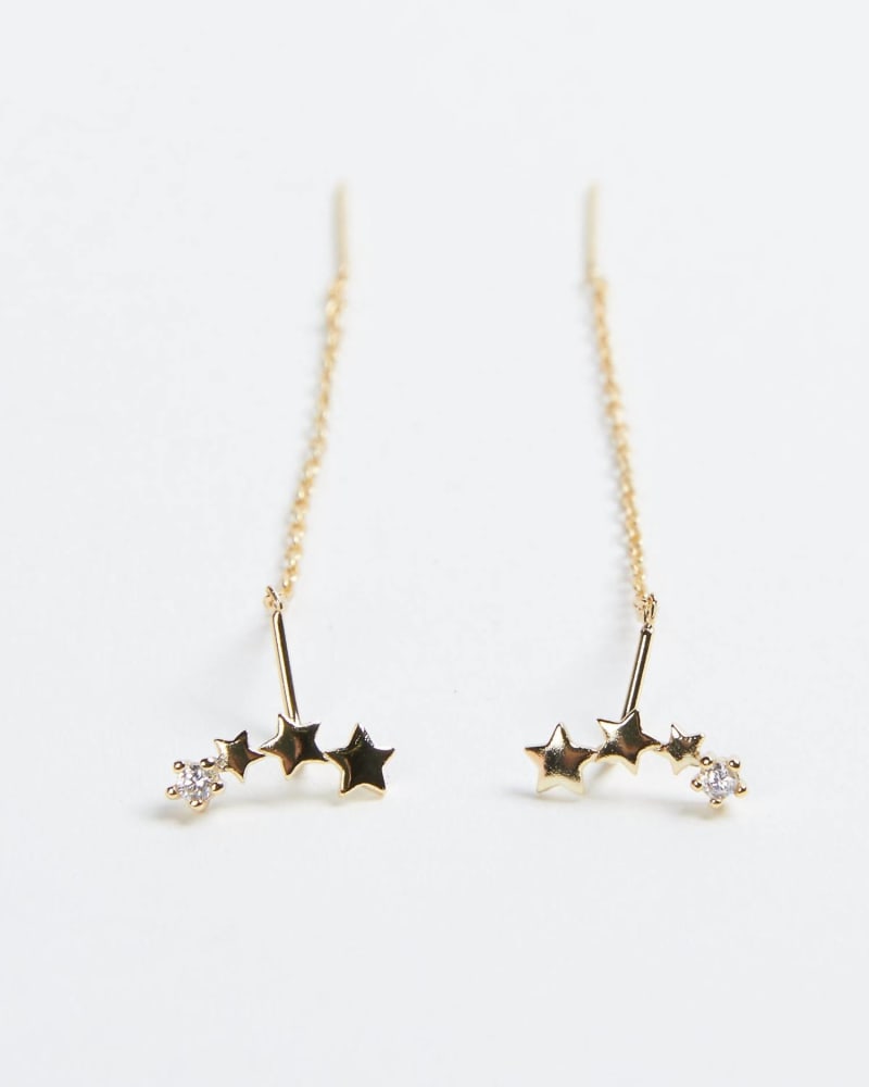 Front of a size O/S Arya Gold-Plated Star Threader Earrings in Gold in Gold by Melange de Blanc. | dia_product_style_image_id:330420